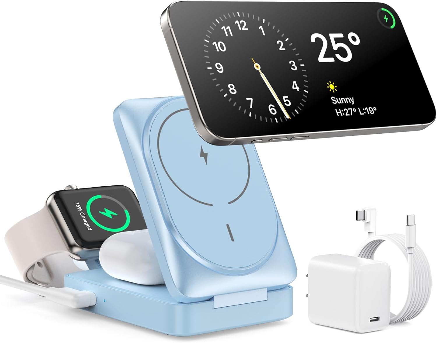 3-in-1 Wireless Charger Charging Station for iPhone, Qi2 Certified 15W Fast Charging Foldable Magnetic Charger Stand with 30W USB C Adapter for MagSafe iPhone 16/15/14/13/12, Apple Watch, AirPods