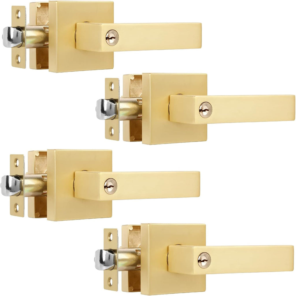 4 Pack Heavy Brass Door Knobs Square Gold Door Knobs Interior (Keyed Alike), Satin Brass Gold Door Knob with Lock and Keys for Interior/Exterior/Front Doors
