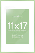Homeforia 11x17 Picture Frame Sage Green, High End Metal 11x17 Poster Frames with Mat 8x12 Photo, 11 x 17 Sage Green Frame Matted to 8 by 12 Art, 17x11 Thin Frames, Tempered Glass, Wall Kit, Set of 1