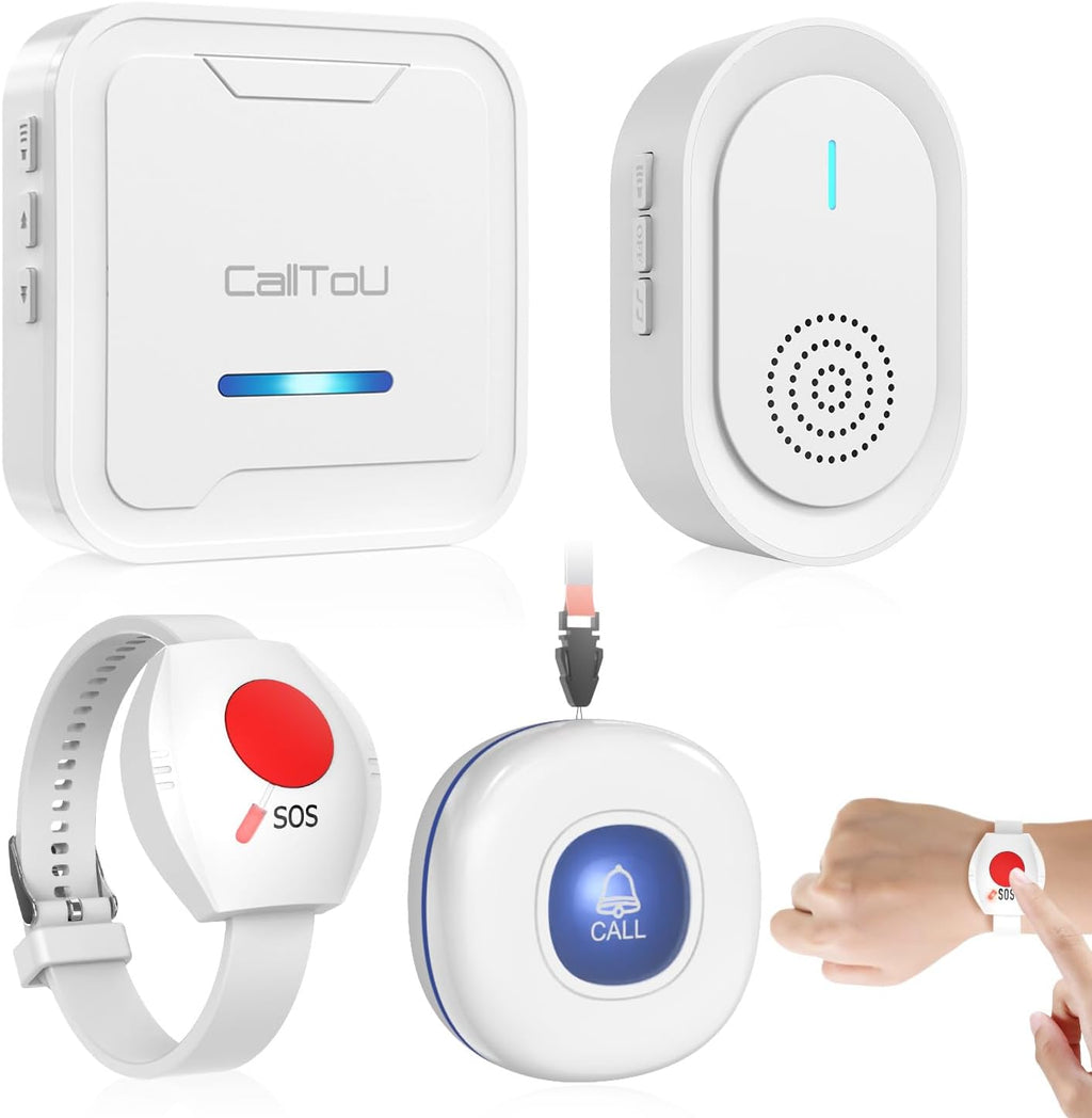 CallToU Caregiver Pager Wireless Call Button for Elderly, Medical Alert Systems for Seniors/Elderly Monitoring with 2 Call Bell, 500+Feet, 1 Plug-in Receiver+1 USB Receiver for Home Patients Emergency