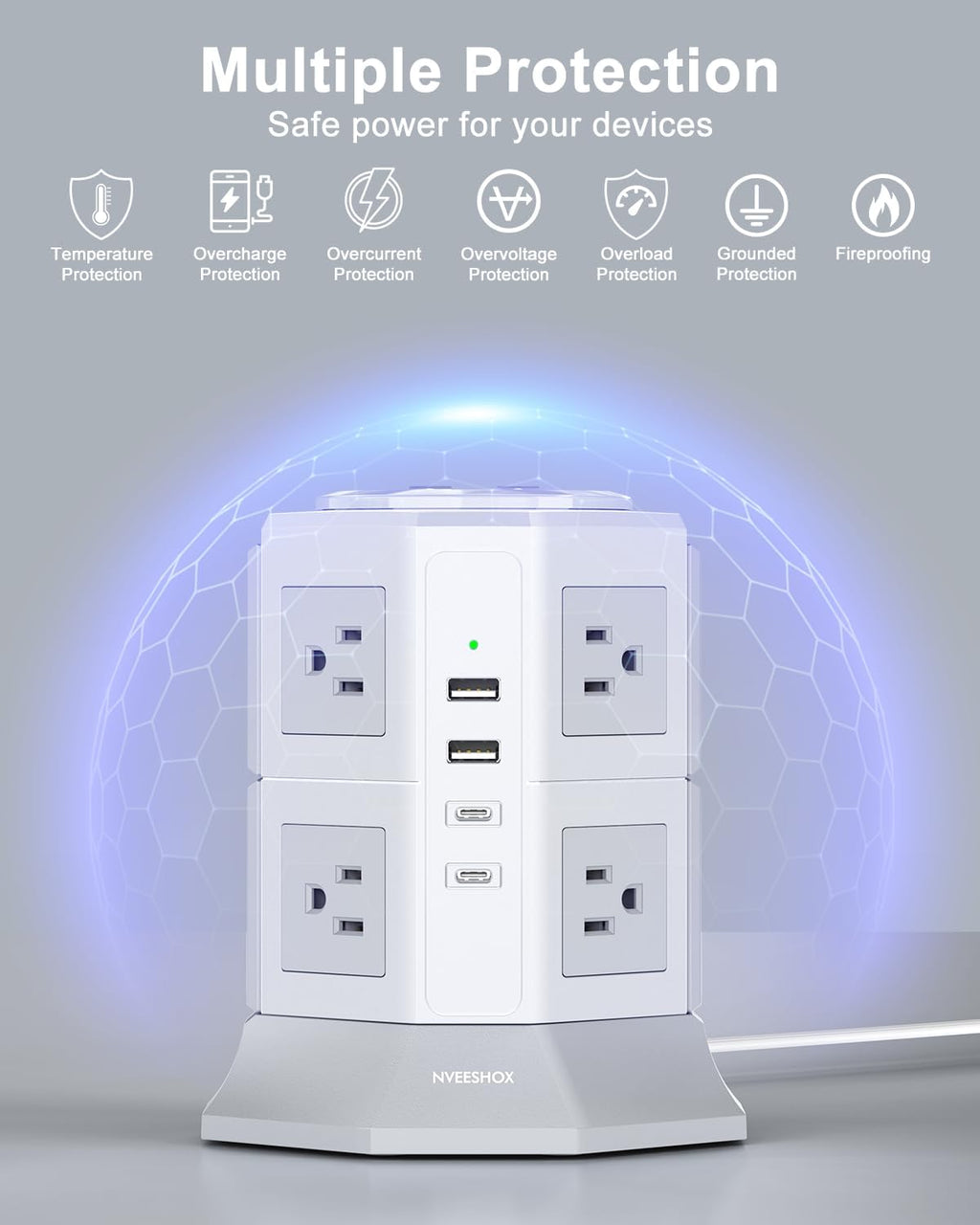 Tower Surge Protector Power Strip Flat Plugs with 8 Outlets 4 USB Ports (2 Type C), 6.5 FT Flat Extension Cord with Multiple Outlets, Charging Station with Surge Protection for Home Office Dorm