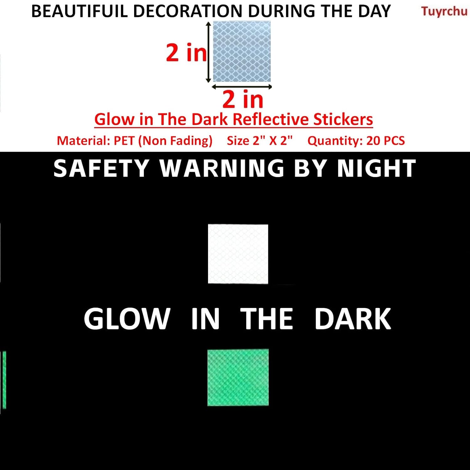 Glow in The Dark Reflective Stickers 2 inch X 2 inch for Bikes, Outdoor Waterproof High Visibility Reflector (20 Pcs)