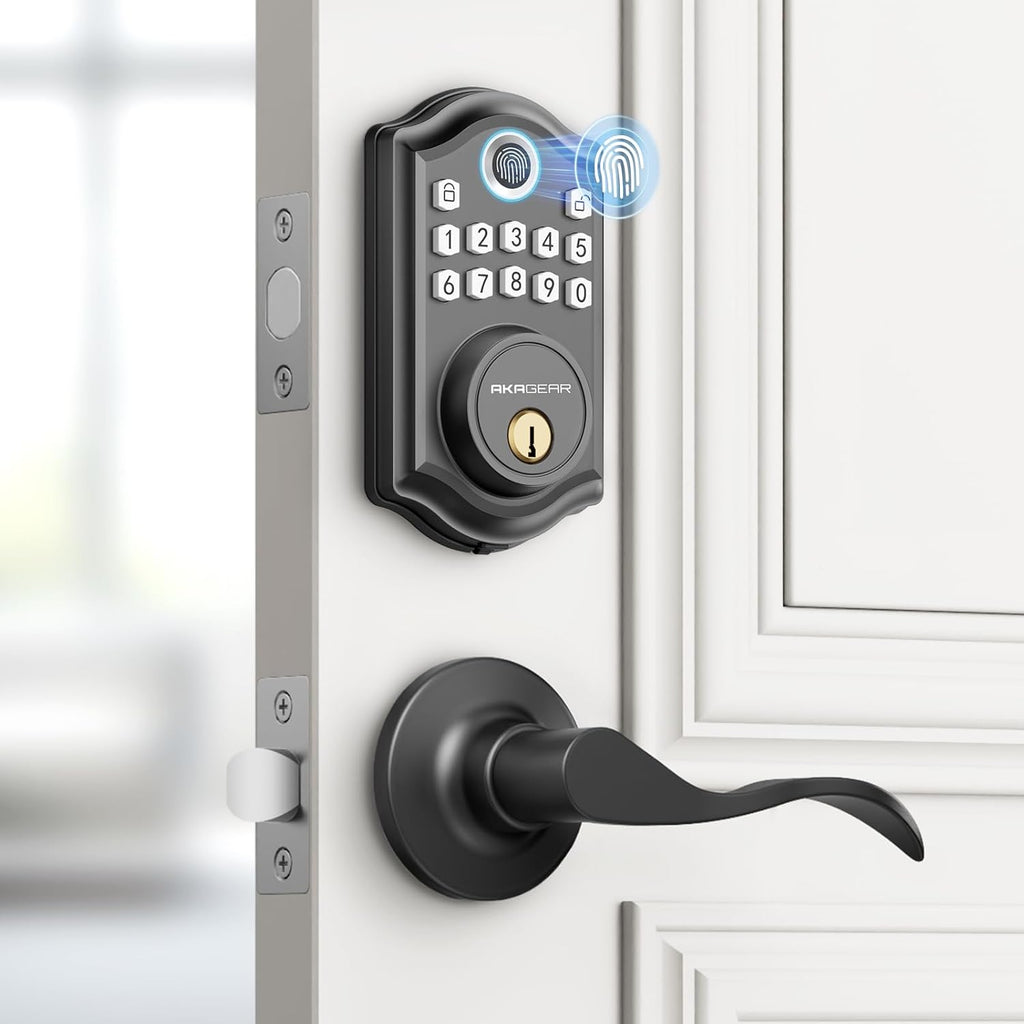 DS10 Keyless Entry Door Lock with Handle - 2 Lever Handles, Fingerprint Door Lock, Keypad Deadbolt, 2 Keys, Code, Smart Locks for Front Door, Auto-Lock, Easy Installation - Matte Black