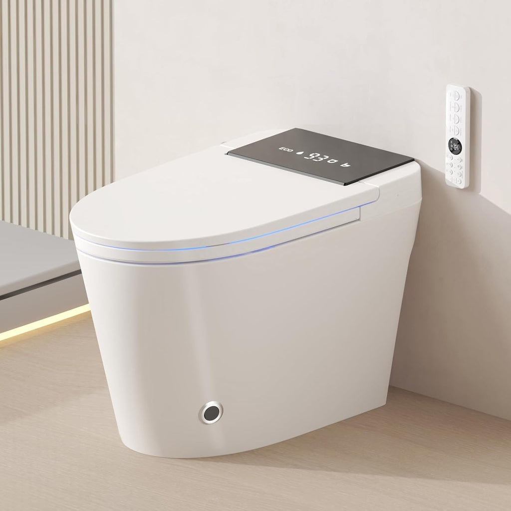 Smart Toilet with Bidet Built-In and Tank – Foam Shield, Heated Seat, Dual Flush, Warm Water & Dryer, Mutiple Clean Modes, Foot Sensor, Night Light, and Wireless Remote Control