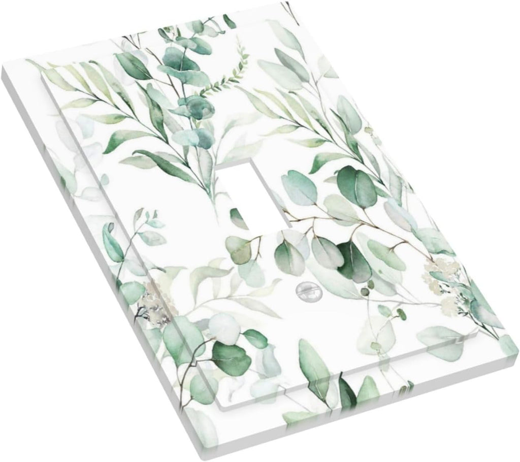 Boho Green Eucalyptus Leaf Floral Plants Flowers Decorative Light Switch Cover 1 Gang Single Toggle Device Electrical Faceplate Switchplates Decorator Outlet Wall Plate for Bed Room Living Room Decor