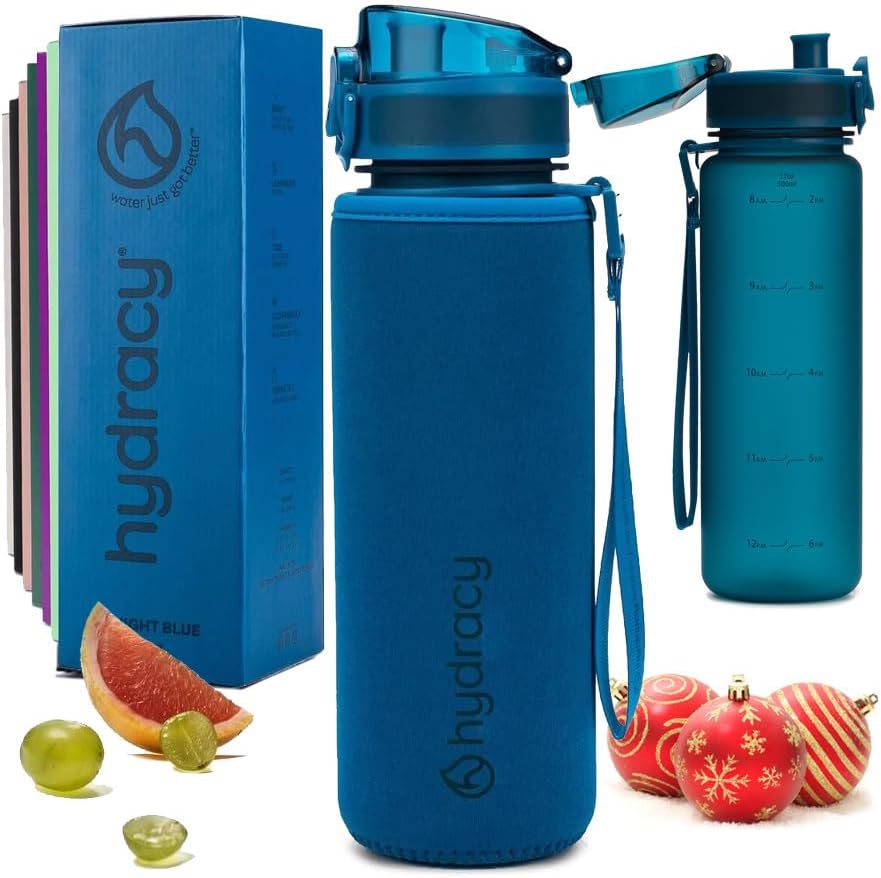 Hydracy Water Bottle with Time Marker -Large BPA Free Water Bottle & No Sweat Sleeve -Leak Proof Gym Bottle with Fruit Infuser Strainer & Times to Drink -Ideal for Fitness Sports & Outdoors