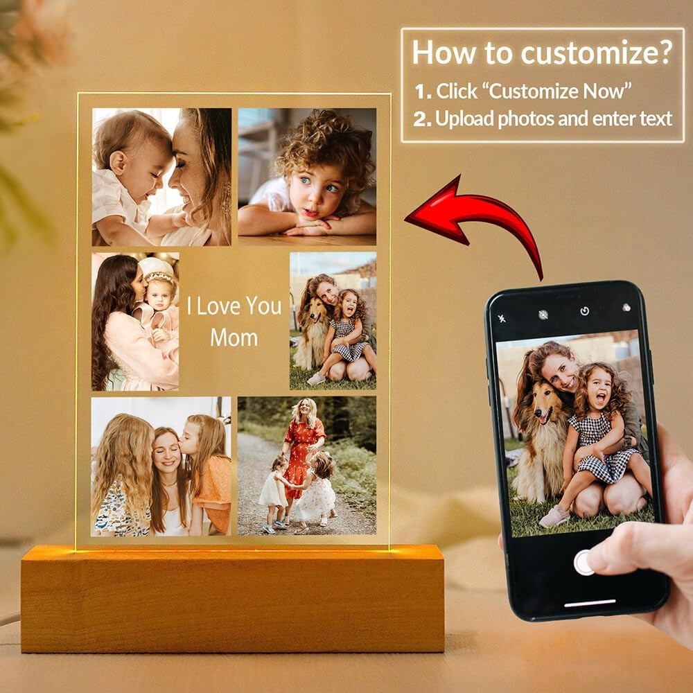 Custom Picture Frames, Personalized Photo Frames with Night Light, Customized Picture Frame, Personalized Valentines Day Gifts for Mom Baby Kid Family