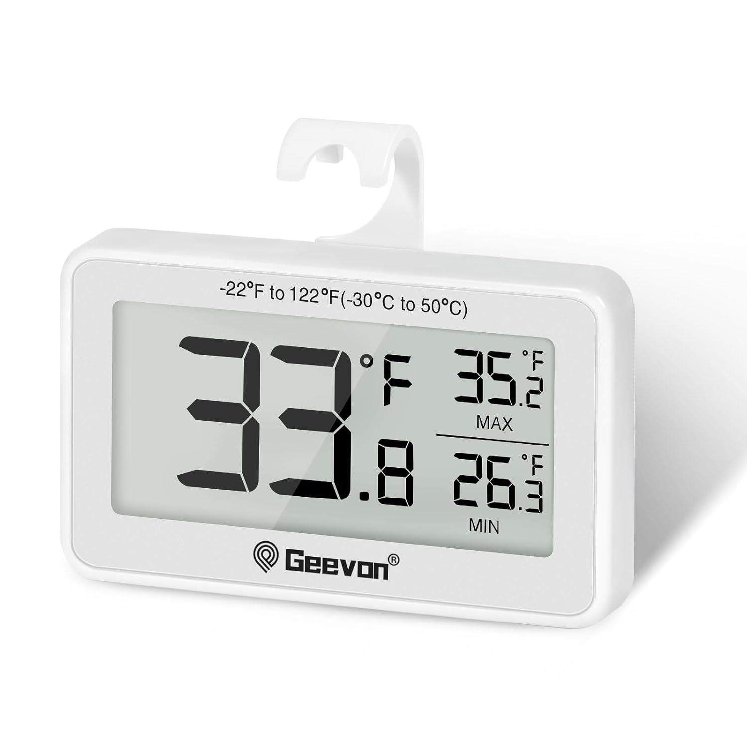 Geevon Refrigerator Thermometer Digital Fridge Thermometer IP65 Waterproof with Large LCD Display,Max/Min Record Function,Magnetic Back,for Fridge,Freezer Scenarios (White-1Pack)