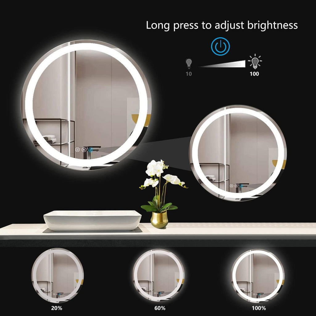 LED Round Crystal Bathroom Mirror - 24 Inch Circle Vanity Mirror with 3 Color Lights