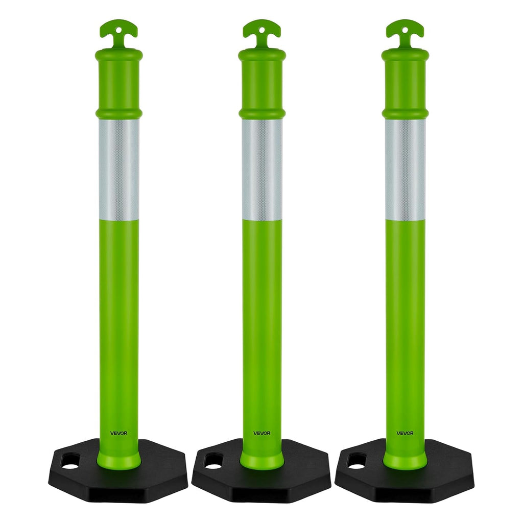 VEVOR 3 Pack Traffic Delineator Posts, 48 inches Traffic Safety Cones with Weighted Base and Reflective Strips, Heavy Duty Delineator Posts for Construction Site, Parking Lot, Crowd Control, Green