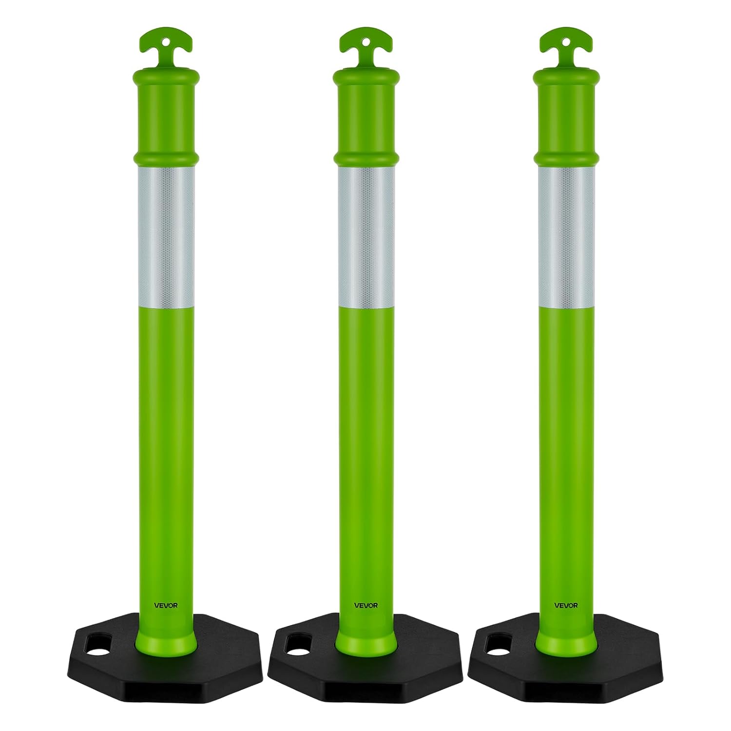 VEVOR 3 Pack Traffic Delineator Posts, 48 inches Traffic Safety Cones with Weighted Base and Reflective Strips, Heavy Duty Delineator Posts for Construction Site, Parking Lot, Crowd Control, Green