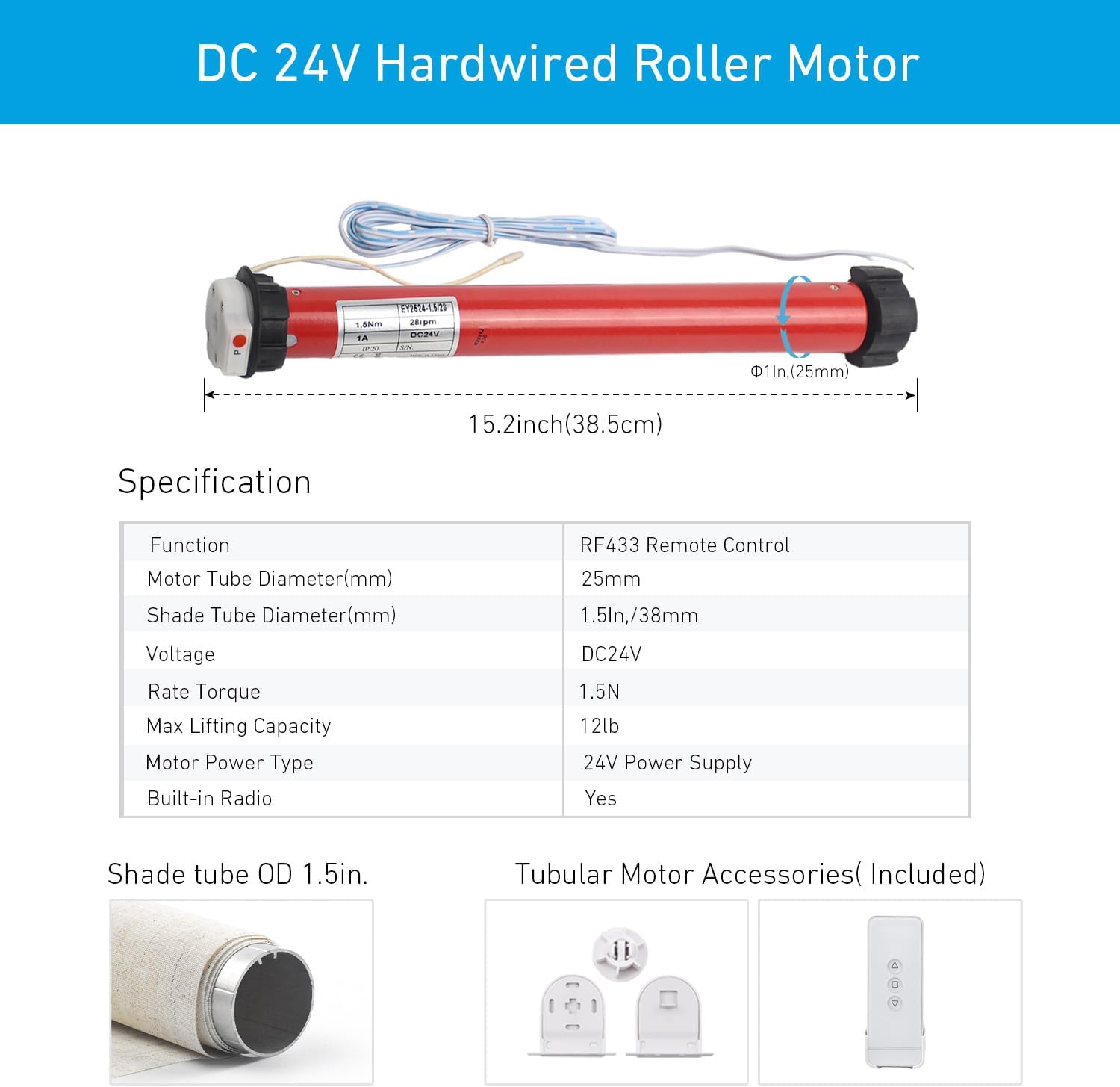 DIY 24V Electric Roller Blinds/Shades Radio DC Tubular Motor Kit, Smart Blinds with Remote Control Compatible 1½" (38mm) Extruded Aluminum