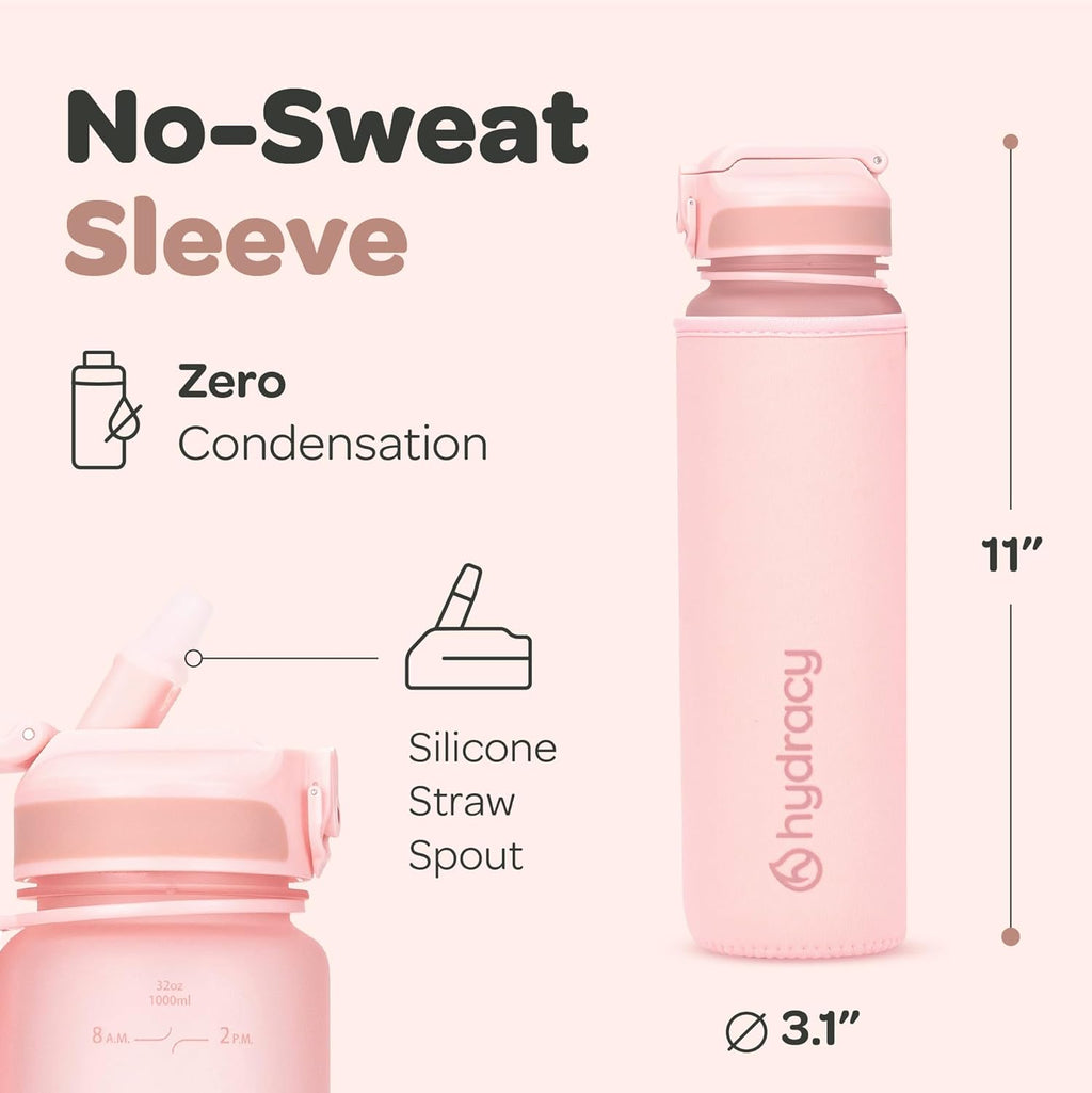 Hydracy Water Bottle with Time Marker -Large BPA Free Water Bottle & No Sweat Sleeve -Leak Proof Gym Bottle with Fruit Infuser Strainer & Times to Drink -Ideal for Fitness Sports & Outdoors