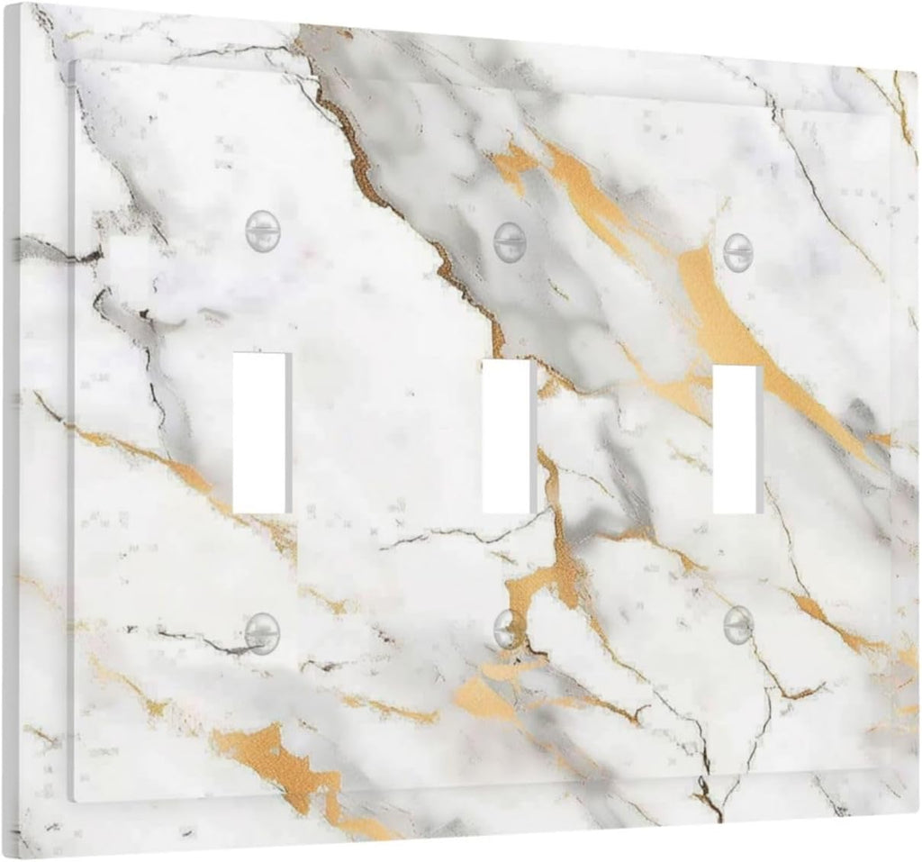 Decorative Switch Plates Marbling Style White Background Gold Gray Stripes 3 Gang Wall Plate Triple Toggle Light Switch Cover Faceplate Electrical Wall Panels For Bathroom Kitchen Decor
