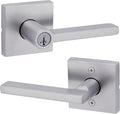 Kwikset Halifax Keyed Storeroom Entry Door Handle with Lock and Key, Secure Keyed Reversible Lever Exterior, for Front Entrance and Bedrooms, Satin Chrome, Pick Resistant Smartkey Rekey Security