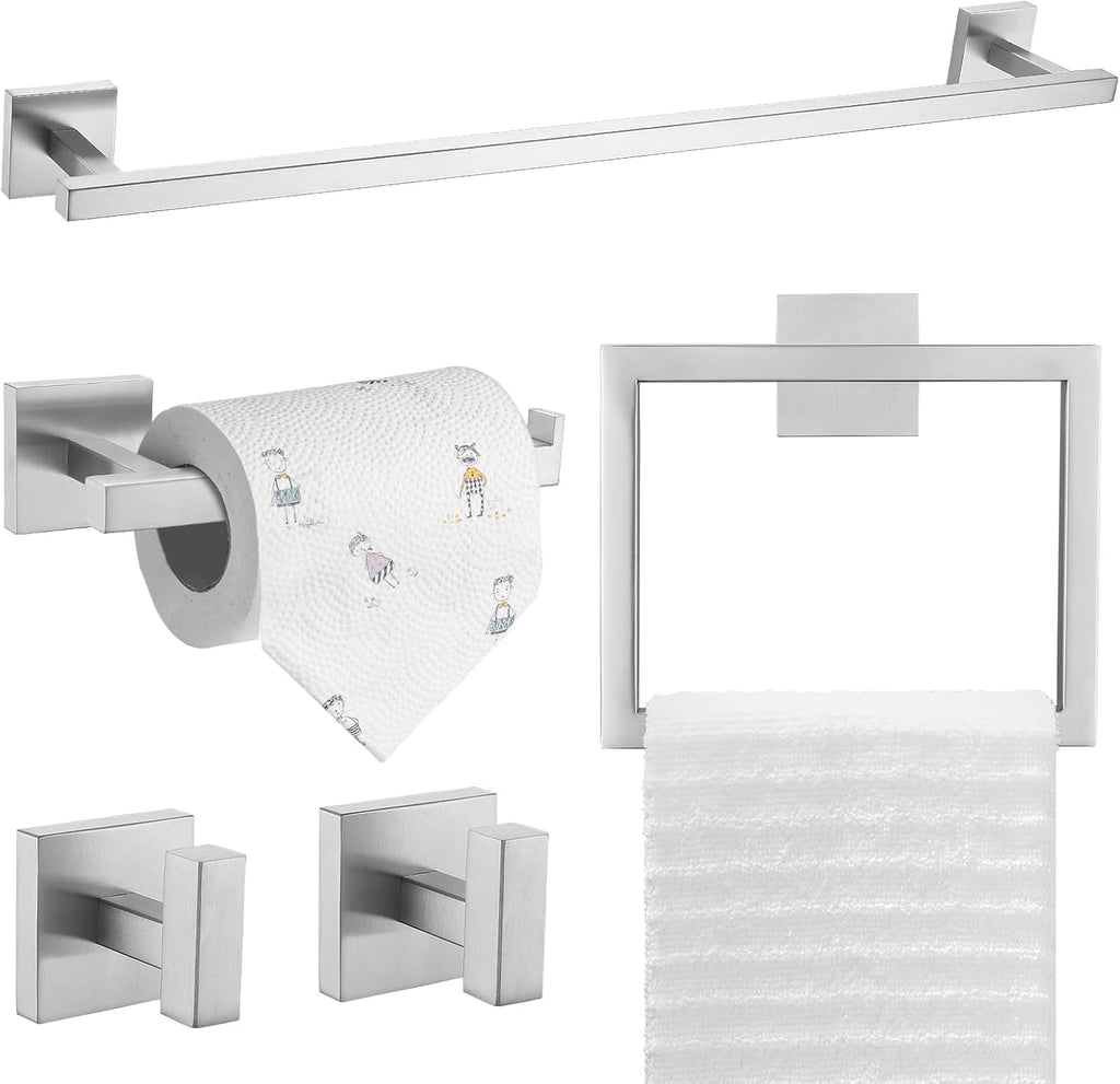 TQKAG 5-Piece Bathroom Hardware Set Brushed Nickel Classic Wall Mounted SUS304 Stainless Steel Bathroom Accessories Set 23.6" Towel Rack for Bathroom, Brushed Nickel