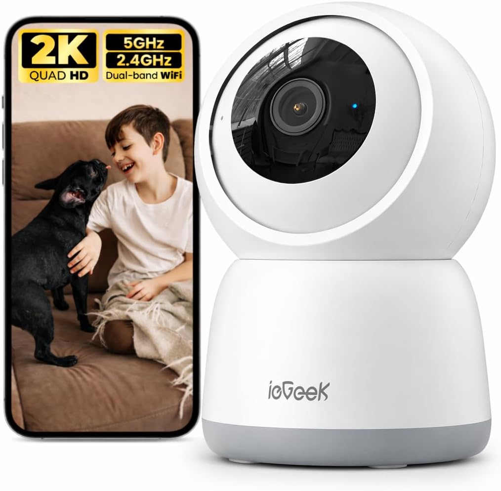ieGeek 2K Indoor Home Security Cameras，360° Pet Camera with Auto Tracking, Motion & Sound Detection，3MP Night Vision, 2.4G/5G WiFi Dog Camera with Phone App, Cloud & Memory Storage, Works with Alexa