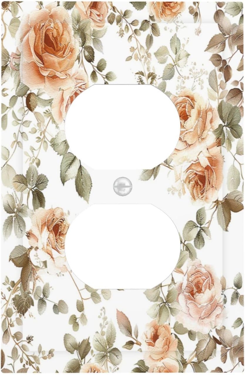 Outlet Covers Vintage Warm Color Orange Flowers And Leaves 1 Gang Duplex Wall Plate Decorative Switch Plates Electrical Receptacle Faceplate Light Switch Cover for Bedroom living Room
