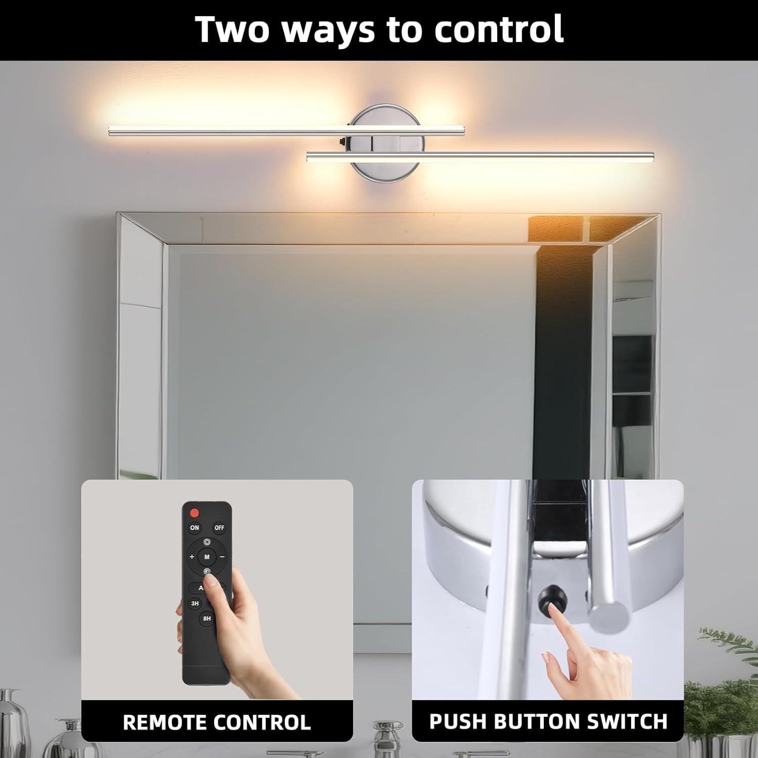 Wireless Battery Operated Wall Sconces with Remote, USB Rechargeable Led Wall Lights, 3000K-6000K Chrome wall sconces for Bedroom, Hallway, Living Room. Chrome 31.4-Inch Wall Light Set of Two