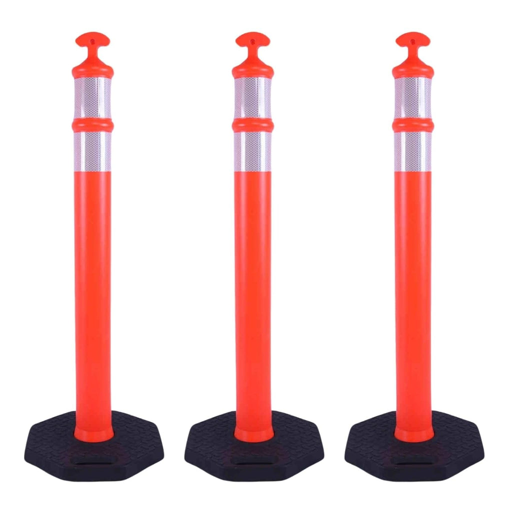 Reflective Rubber Base Traffic Delineator Post - Heavy-Duty Safety Bollards for Parking Lot Markers, Road Construction, Driveway Warning - with Reflective Strips (3 Pack - 45 Inch)