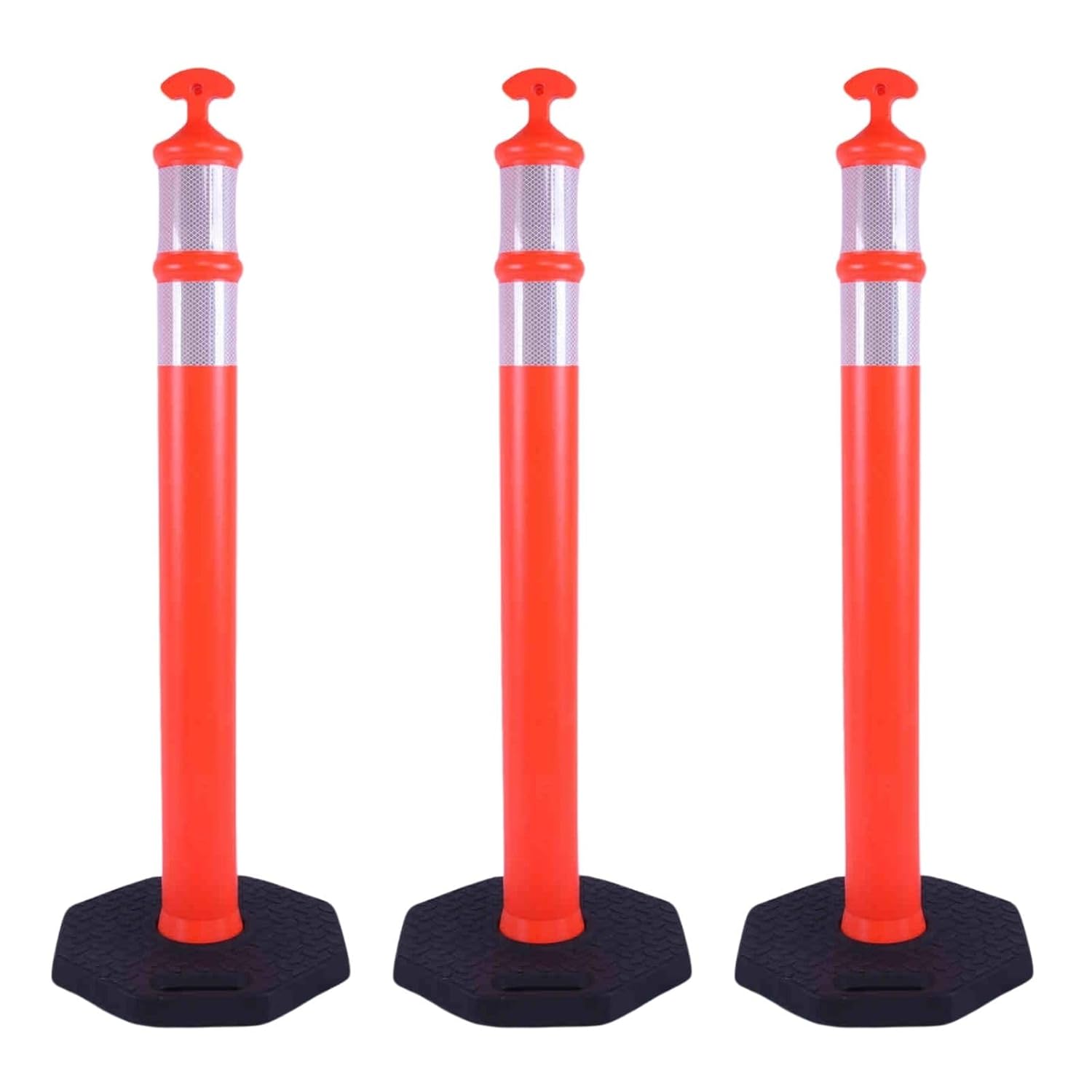 Reflective Rubber Base Traffic Delineator Post - Heavy-Duty Safety Bollards for Parking Lot Markers, Road Construction, Driveway Warning - with Reflective Strips (3 Pack - 45 Inch)