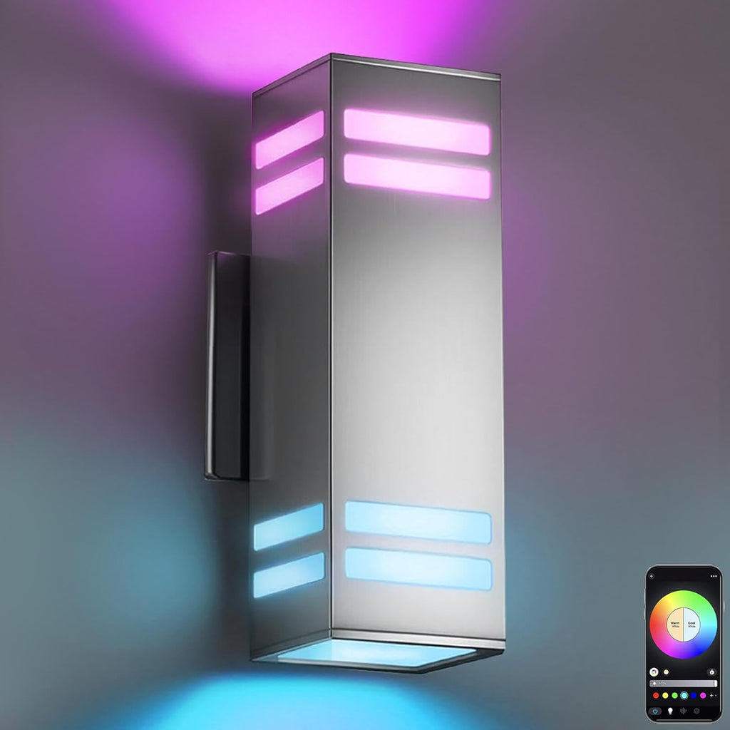 SHIMR Smart Outdoor Wall Light, RGBCW Color Changing WiFi & Bluetooth LED Sconce, Stainless Steel, Dusk to Dawn Sensor, Waterproof Exterior Lighting Fixture with E26 Base, Work with Alexa & Google