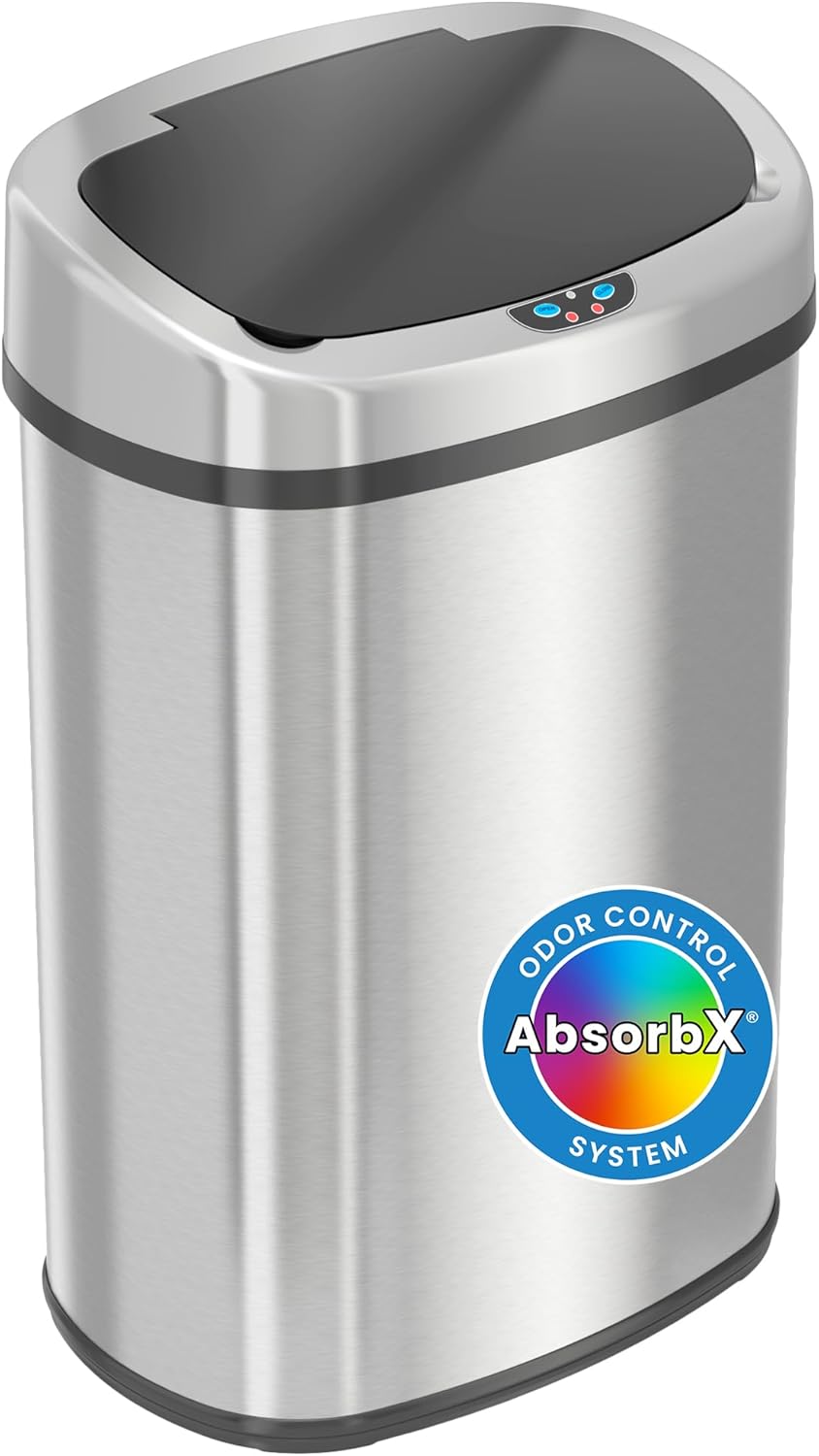 SensorCan 13 Gallon Touchless Sensor Odor Control System, Stainless Steel Oval Shape Automatic Garbage Bin, Base Model Trash Can
