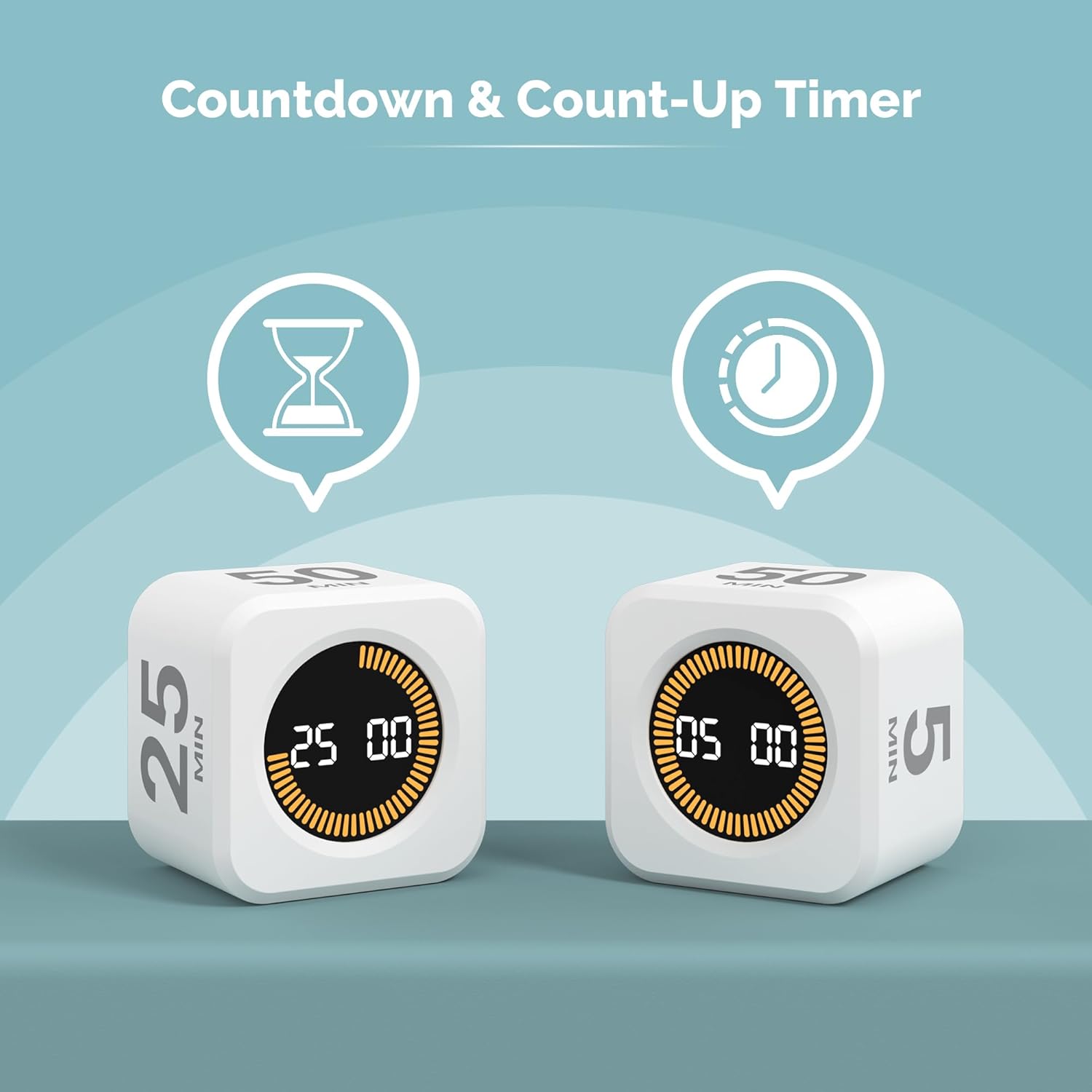 KADAMS Pomodoro Cube Timer Productivity Visual Timer 5/10/25/50 Min Customize Timer, Rotating Countdown Countup, Mute - for Work Study Cook Workout Kitchen Classroom for Kid (White)