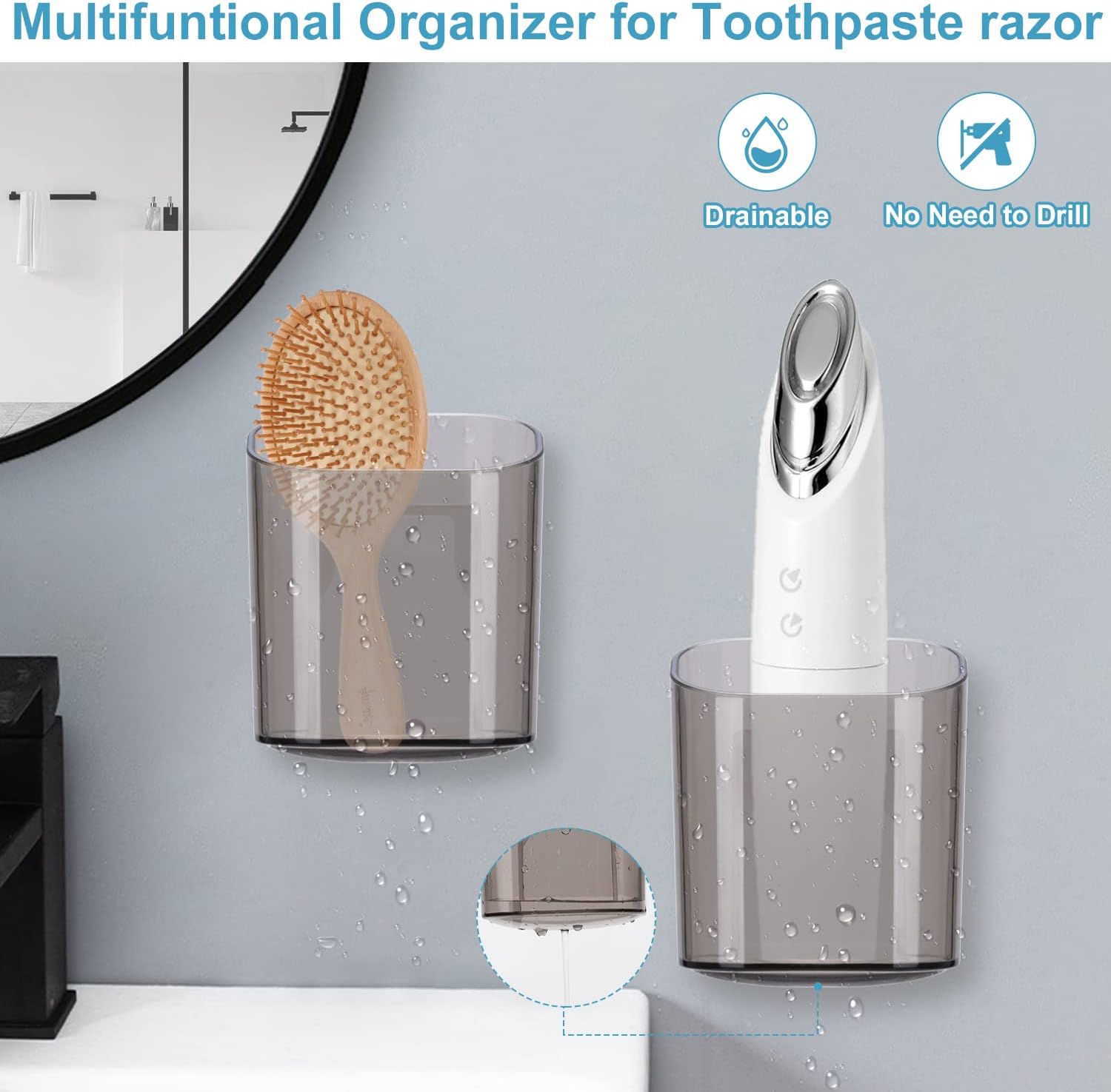 Boperzi Bathroom Razor Storage Holder and Toothpaste Dispenser Wall Mounted with Dustproof Cover, Black Toothbrush Holder Set for Mirror Shower with 2 Toothpaste Squeezers(No Electric, No Light)