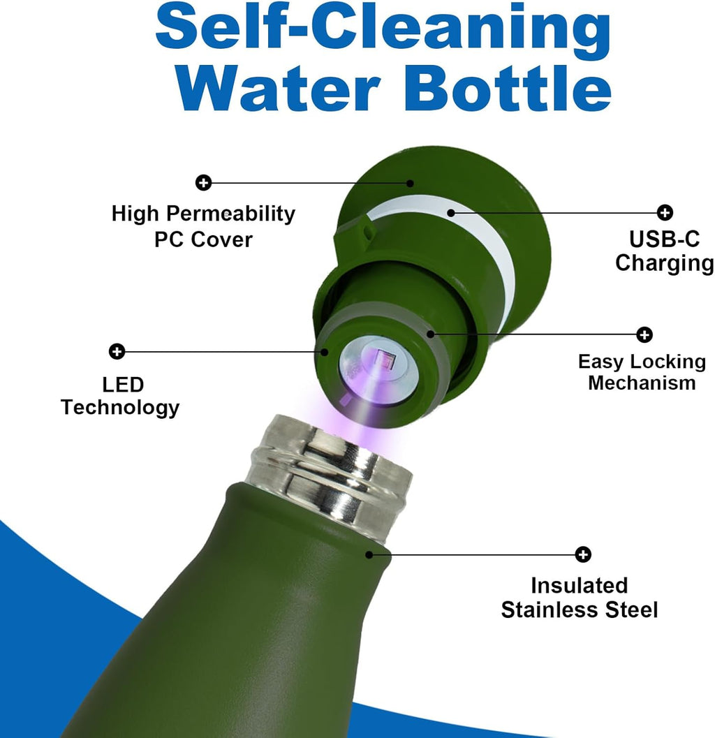 Smart Self-Cleaning Water Bottle 17oz Platinum Stainless Steel Insulated Purifying Bottle LED + Activated-Carbon Dual Filtration USB-C Rechargeable BPA-Free for Outdoor, Gym & Office