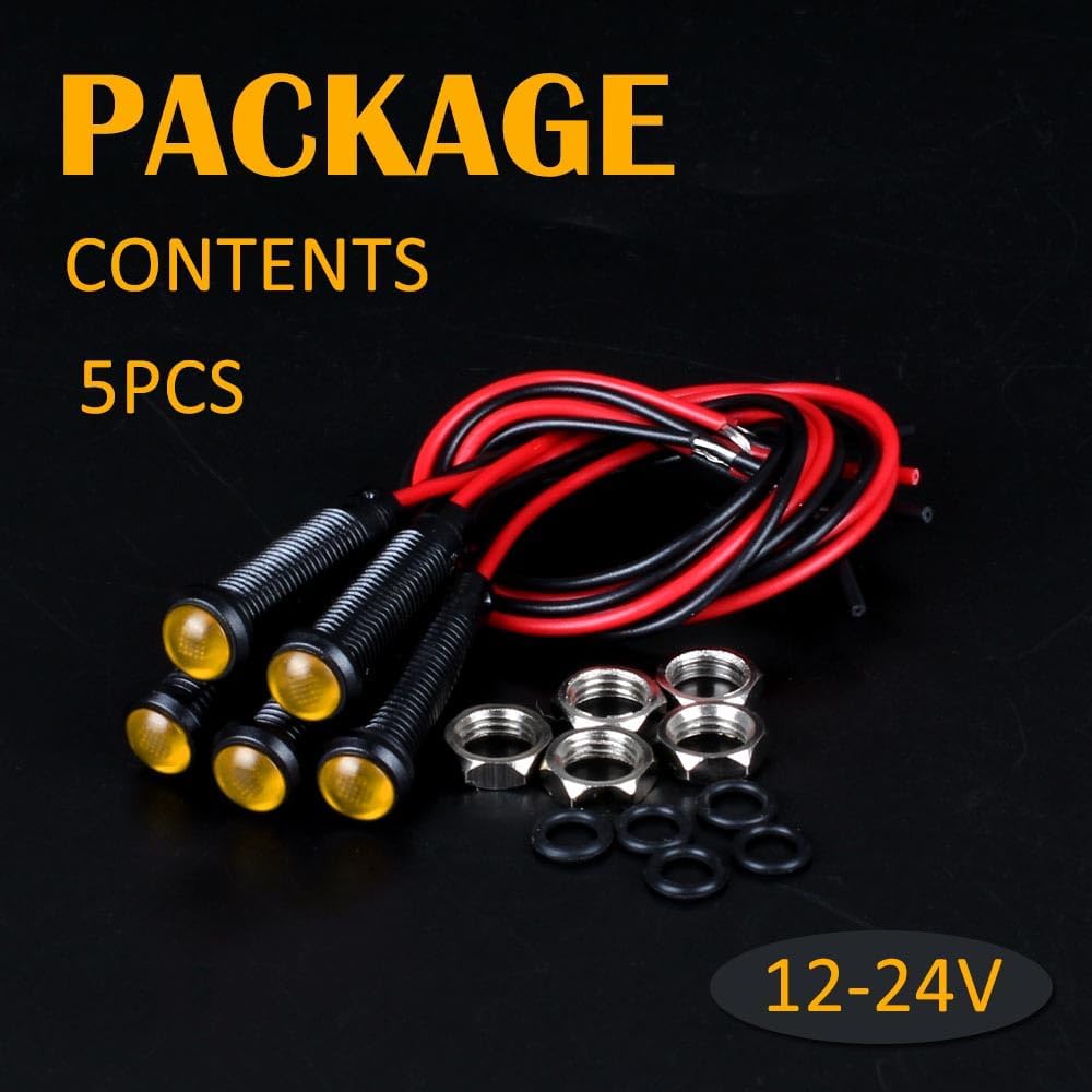 5pcs 6mm LED Indicator Light Plastic Black Signal Dot Lamp 12V-24V 1/4" Mounting Hole Size with 15cm/5.9in. Wire (Yellow LED)