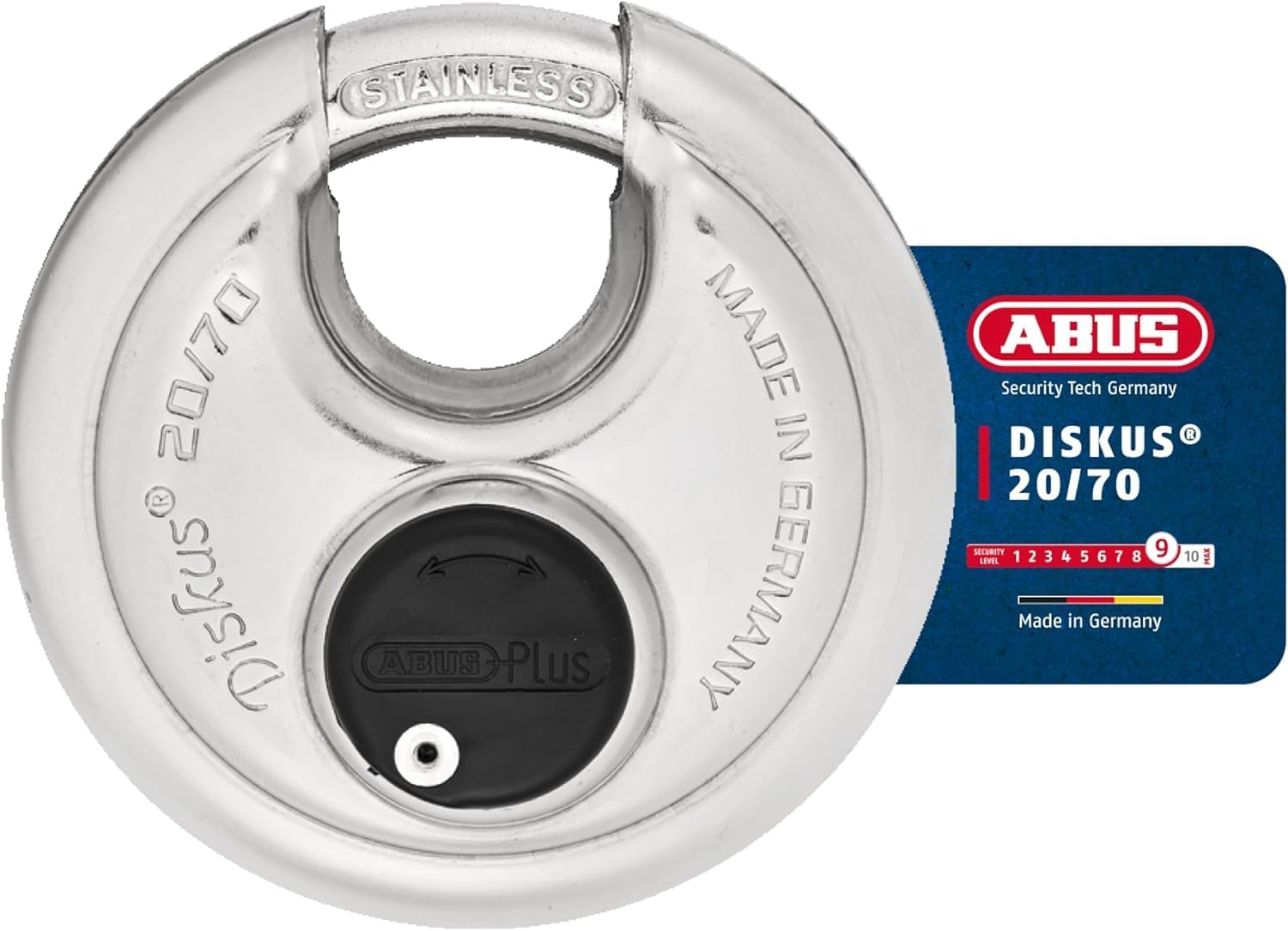 ABUS - Diskus 20/70 Padlock with Key (2.75") 70mm - Heavy Duty Stainless Steel - Cut, Rust & Drill Resistant - Storage & Outdoor - Pad Lock with 2 Keys (Keyed Different) - Locker Lock - Home Security