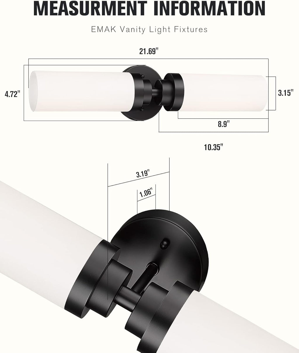 Emak 2 Light Black Vanity Lights for Bathroom, 22 Inch Bathroom Light Fixtures Modern Wall Sconces with Milk Glass Shade for Bathroom, Bedroom, Hallway, VL085-BK-ML-2