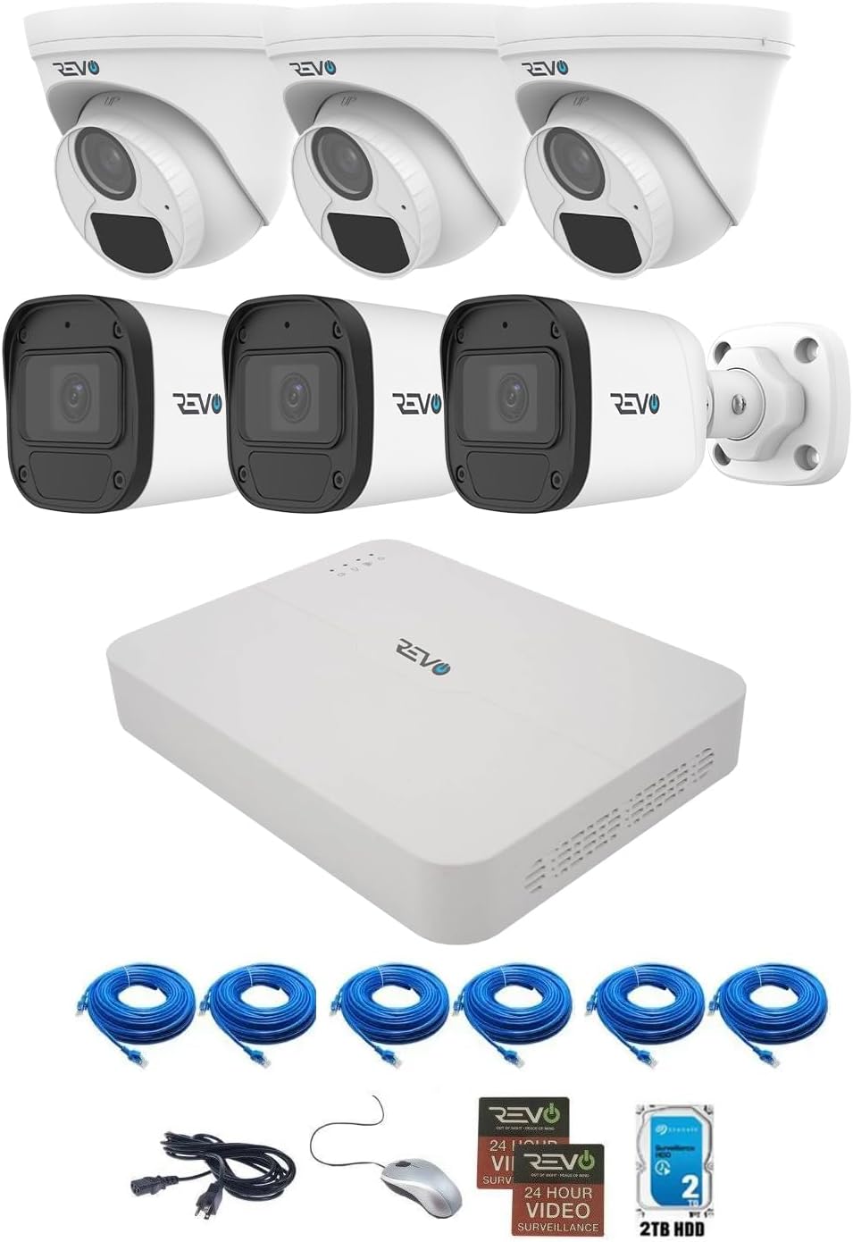 Revo Ultra Blue Series 8CH 4K POE H.265 NVR, 2TB & 6X 2K (4mp) Indoor/Outdoor IR Cameras with Built-in Mic – Remote Access Via Pc, Mac & Phone (No Monthly Fee)