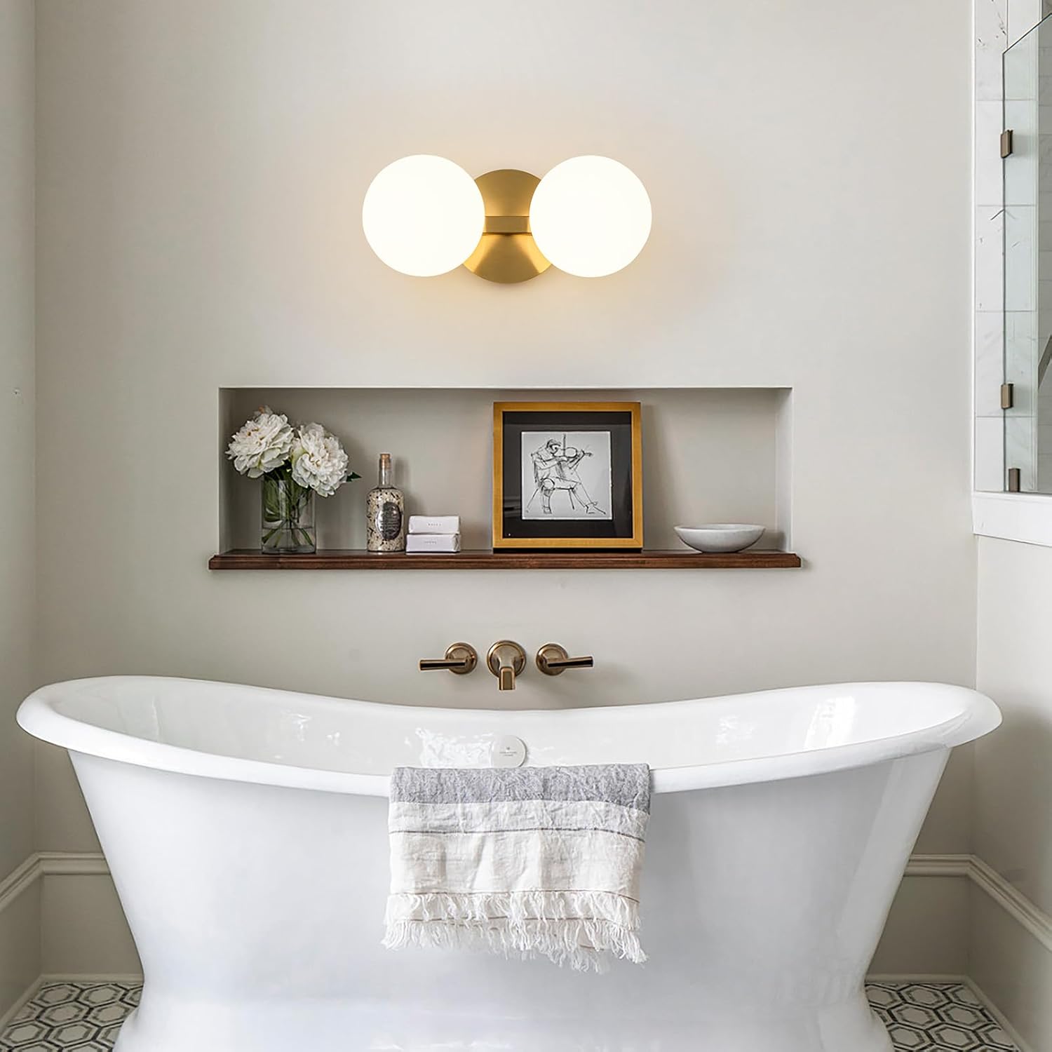 Gold Bathroom Vanity Light Fixtures: Modern Wall Scones With 2 Milk Glass Shades - Globe Makeup Lighting Fixture over Mirror - Brass Ball Powder Room Vanities Lights for Hallway Bedroom Bulbs Excluded