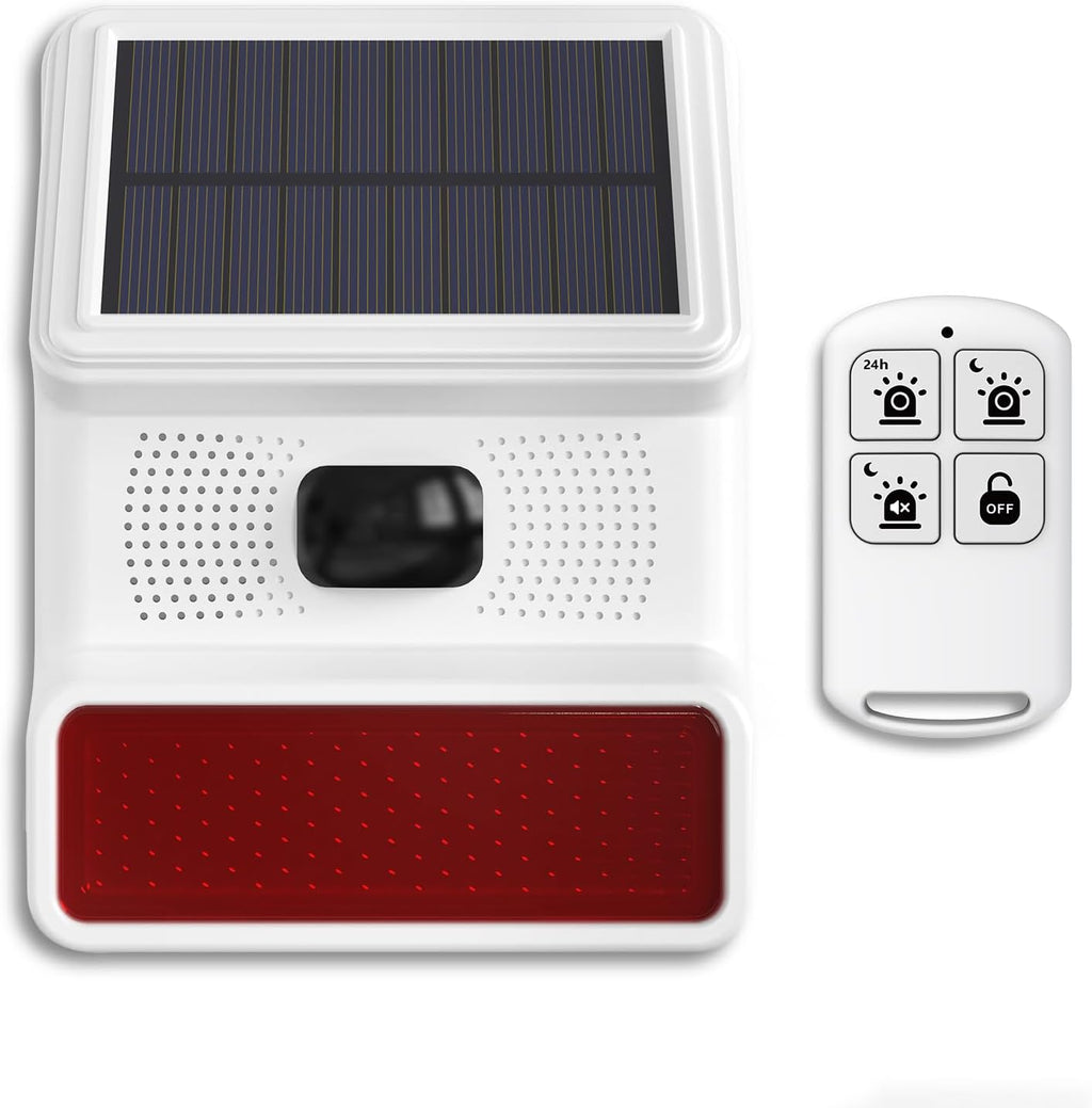 PGST Solar Alarm Motion Detector,Outdoor Security Siren Sensor with Flashing Light,IP65 Waterproof,Remote Control,21 Sound Switching Options,120dB Loud Noise Maker for Farm,Yard,Garden,Fish Pond
