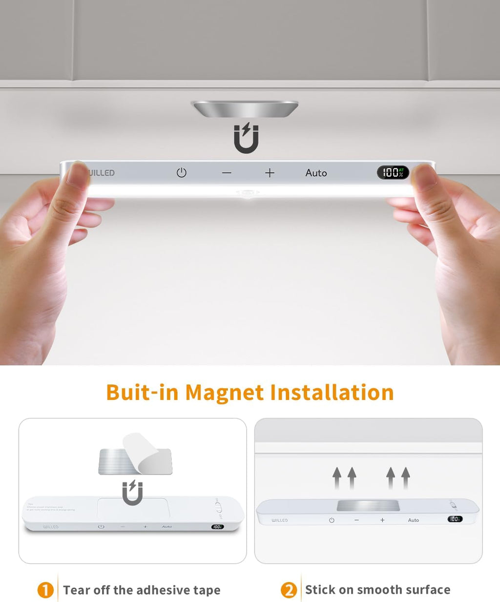 WILLED Under Cabinet Lights Rechargeable, Battery Display, 60 LED Touch Light Bar, Motion Sensor Light Indoor, Battery Operated Closet Light Wireless, Stick on Under Counter Lights for Kitchen(2 Pack)