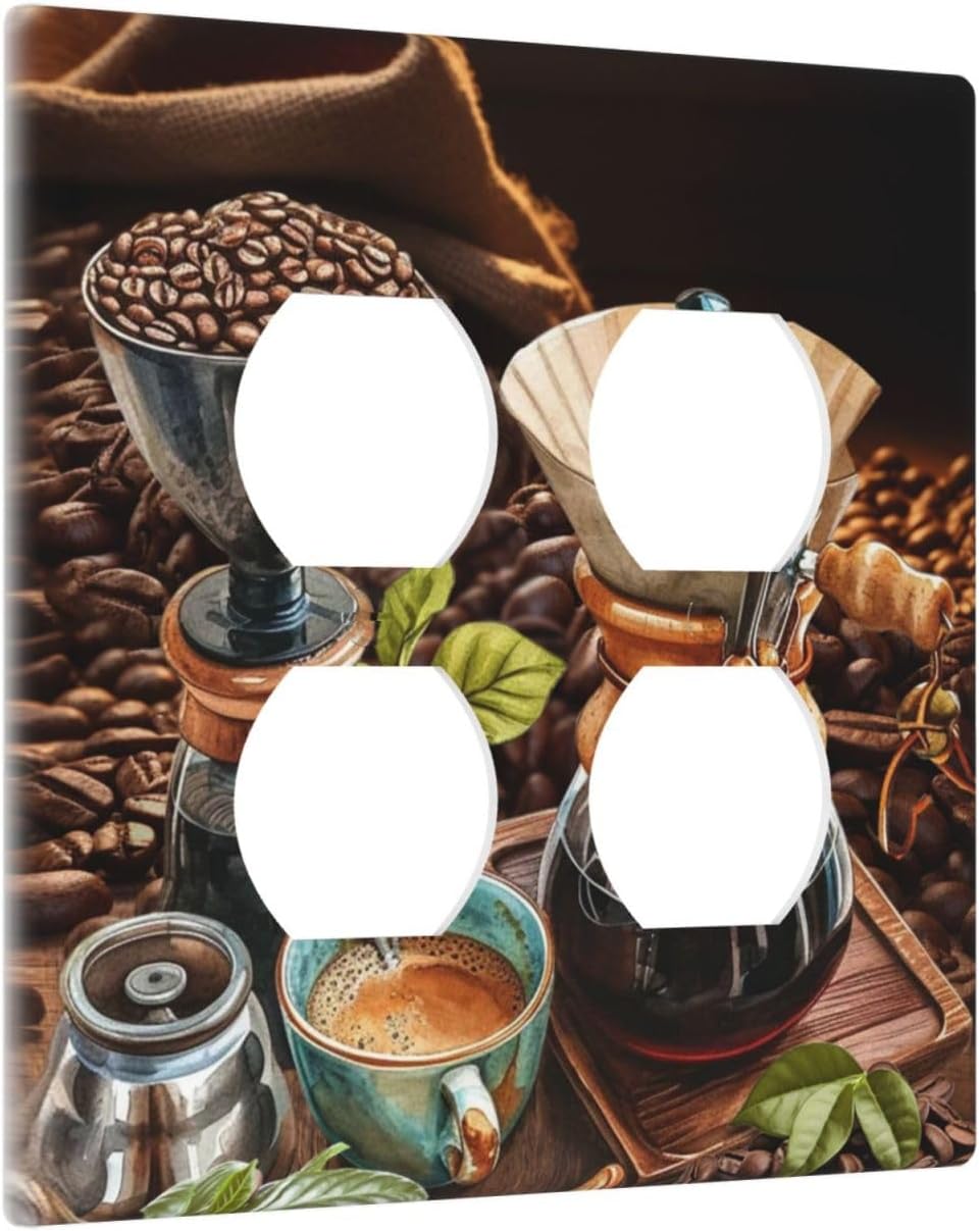 Decorative Outlet Covers Retro Coffee Maker Beans Cup 2 Gang Wall Plate Cover Double Duplex Receptacle Two Switch Light Switch Cover Plate Jumbo Dual Faceplate