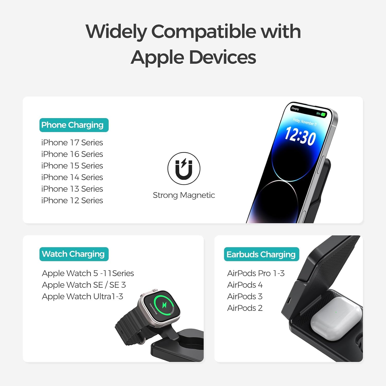 ANJANK 3 in 1 Portable Wireless Charging Station, Removable 5000mAh Mag-Safe Power Bank, Foldable Travel Magnetic Charger Stand for iPhone 17 16 15 14 13 12 Pro Max Plus, Apple Watch Series, AirPods