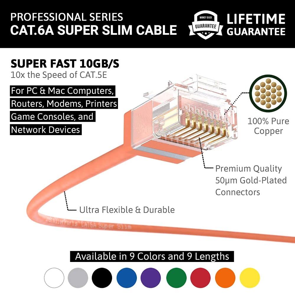 InstallerParts Ethernet Cable CAT6A Super Slim Cable UTP 3 FT - Orange - Professional Series - 10Gigabit/Sec Network/High Speed Internet Cable, 550MHZ, 32AWG