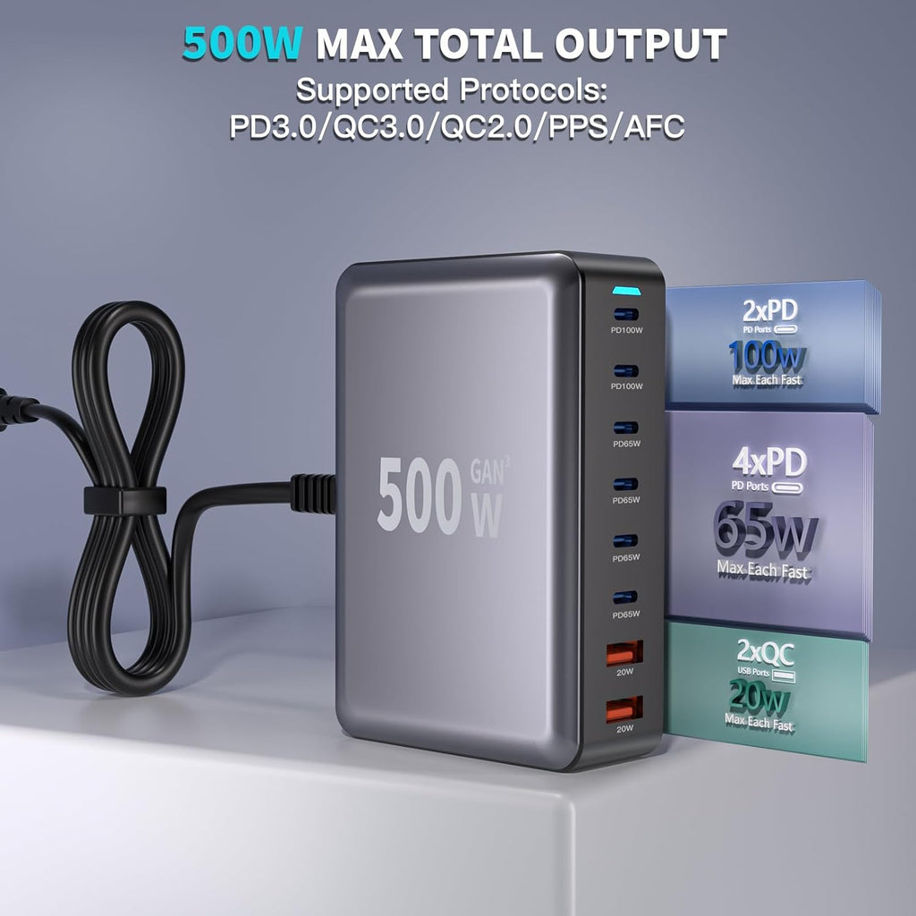 500W GaN USB C Charger Block Charging Station 8 Port Fast Charger Block with Dual 100W PD USB-C Fast Charging Station Hub Compatible with iPhone 17/16 15/14/13/Pro Max/MacBook Pro/Air/All iPad (Black)