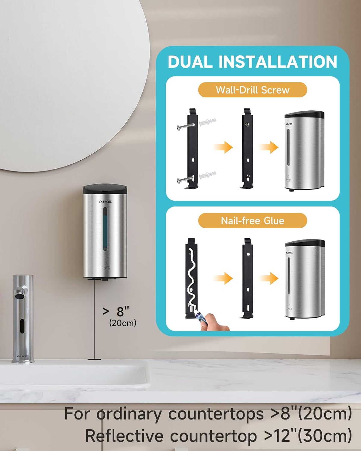 AIKE Wall Mount Automatic Foam Soap Dispenser 25 OZ Commercial Large Capacity Stainless Steel Model AK1205FA(Brushed)