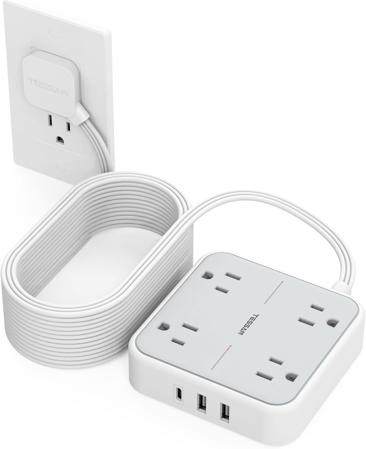 Surge Protector Long Extension Cord 25FT, TESSAN Flat Plug Power Strip with 4 Outlets 3 USB Ports (1 USB C), 900 Joules Protection, Multiple Wall Outlet Extender Suitable for Home Office Dorm, Grey