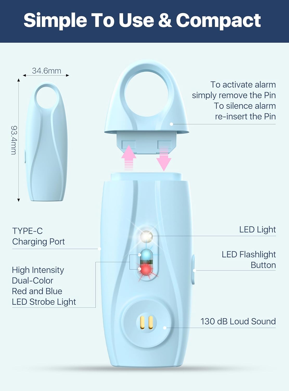 Rechargeable Personal Safety Alarm Keychain, Upgraded Dual-Color Red & Blue Strobe Light, LED Flashlight, 130dB Loud Siren, Safe Personal Alarm for Women, Kids and Elders