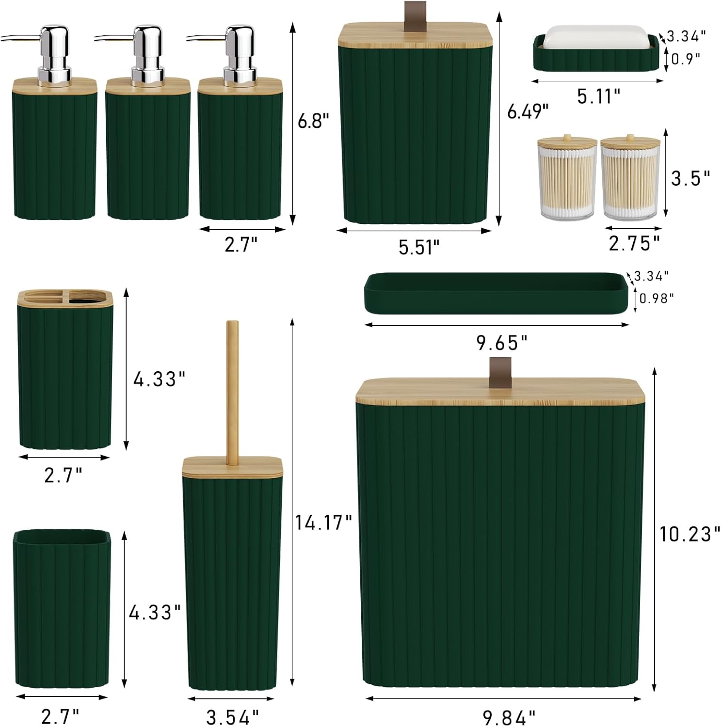 Bathroom Accessory Set - Dark Green Bathroom Set, 12PC Bathroom Accessories Set, Dark Green Bathroom Accessories Set, Mini Trash Can, Toilet Brush, Trash Can & Soap Dispenser