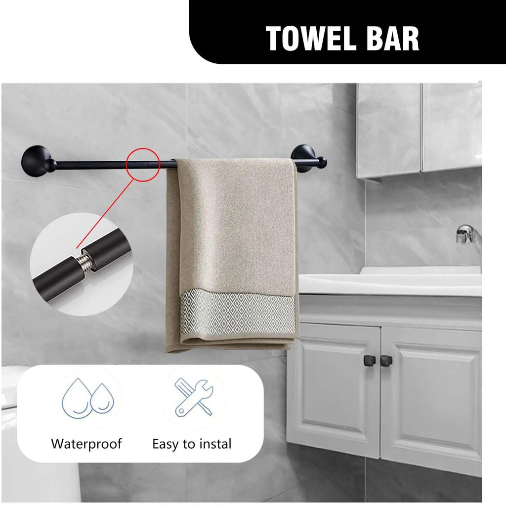 Matt Black Bathroom Accessory Set, Adjustable Towel Bar,Towel Ring,Toilet Paper Holder,Robe Hook 4-Piece Bathroom Hardware Set Wall Mounted (Matt Black)