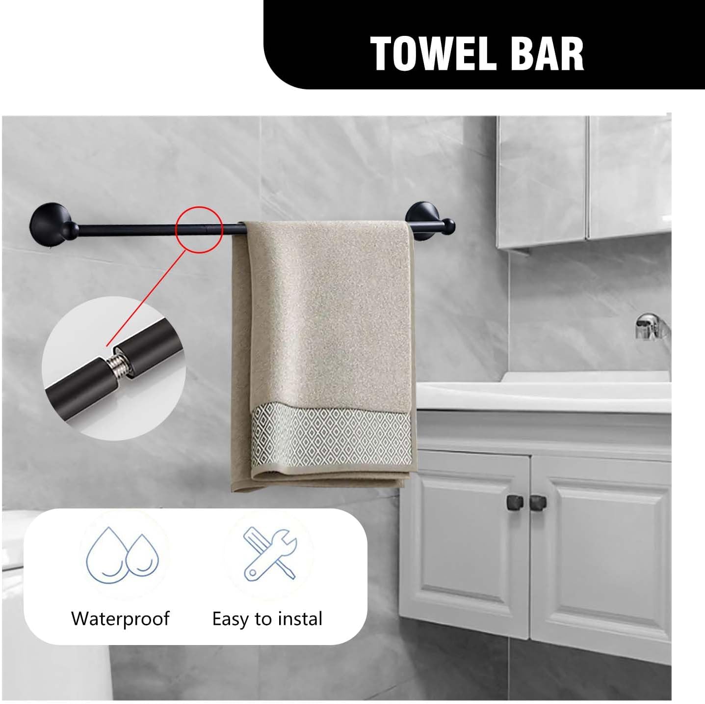 Matt Black Bathroom Accessory Set, Adjustable Towel Bar,Towel Ring,Toilet Paper Holder,Robe Hook 4-Piece Bathroom Hardware Set Wall Mounted (Matt Black)