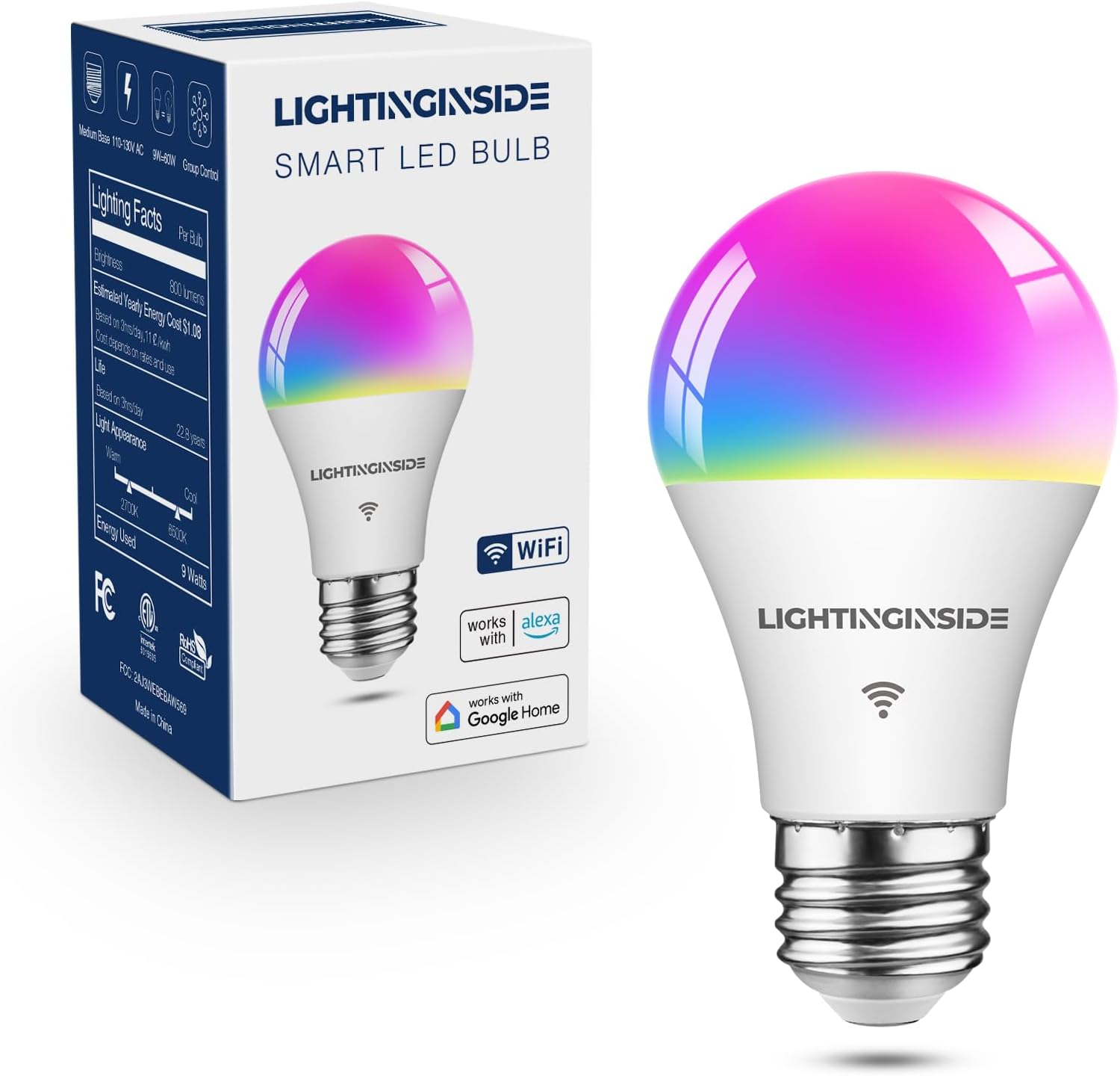Lightinginside Smart Light Bulbs 60W Equivalent, WiFi Smart Bulb Compatible with Alexa/Google Assistant/Smart Life, A19 E26 RGBCW Color Changing, No Hub Required,2.4G WiFi, ETL Listed, 9W 800LM, 1PC