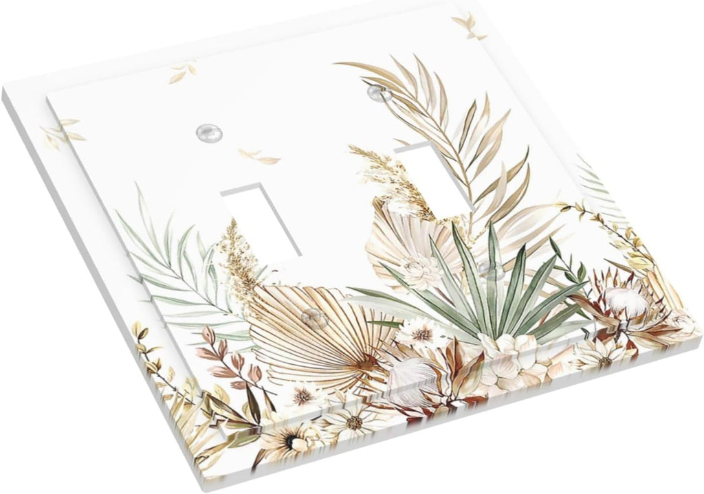 Decorative Switch Plates Boho Leaves Watercolor Tan Leaf Floral Plant 2 Gang Double Toggle Wall Plate Outlet Light Switch Cover Electrical Faceplate for Bedroom Home Decor