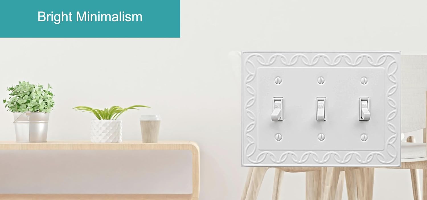 Triple Toggle Light Switch Cover NovaBloom Metal Wall Plate, 2-Pack White 3 Gang, Light Switch Cover Decorative Wallplate, Durable